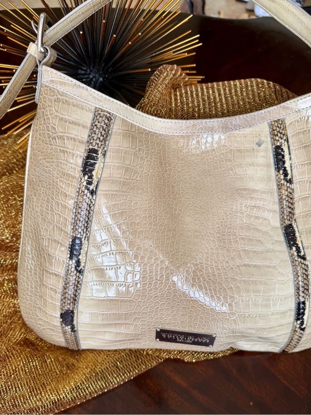 White House Black Market Cream Croc-Embossed Hobo with Snake-Trim
